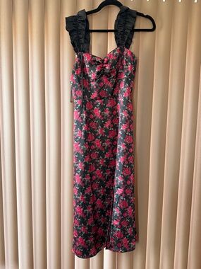 Floral Satin Midi Dress with Ruffled Straps - Black & Pink
